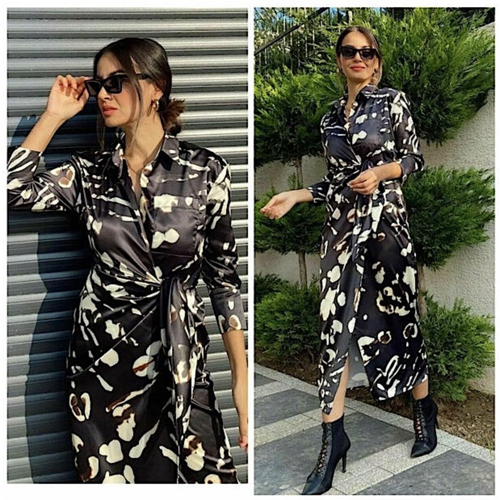 Zara Satin Effect Wrap Shirt Dress
